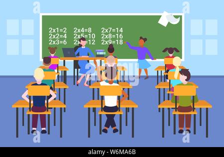 Lehrerin mit Schülerinnen und Schülern am Schreibtisch sitzen auf Schulmädchen lösen mathematische Problem am schwarzen Brett der Schule Lektion Ausbildung Konzept moderne Schule Stock Vektor