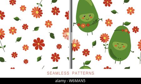 Der Vektor nahtlose Muster. Cartoon lächelnd Grün avocado Helden und Sommer rot Blumen isoliert auf Weiss. Endlose Textur. Wickeln, Stoff, Abdeckungen Stock Vektor