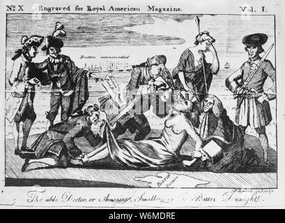 Die Lage, Arzt, oder Amerika Schlucken der bitteren Entwurf, 06/1774; Allgemeine Hinweise: Cartoon in Zeile Gravur von Paul Revere für die Königliche amerikanische Zeitschrift Stockfoto