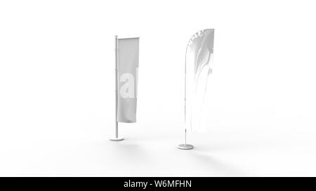 3D-Rendering von zwei Werbe-weißen Fahnen in weißem Hintergrund. Stockfoto