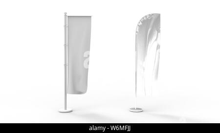 3D-Rendering von zwei Werbe-weißen Fahnen in weißem Hintergrund. Stockfoto