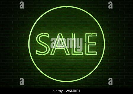 3D-Illustration: Werbung Leuchtreklame mit der Aufschrift "Verkauf" von grünen Buchstaben in einem Kreis auf dem Hintergrund einer Red brick wall. Stockfoto