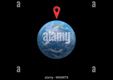3D-Illustration: Rote Karte gps-Zeiger Symbol weist auf den amerikanischen Kontinent. Blick auf den blauen Planeten - die Erde aus dem All gegen die Sterne Stockfoto