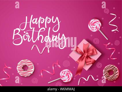 Happy birthday vector Hintergrund Design. Alles Gute zum Geburtstag Text mit Geschenk, Donuts, Bonbons und Konfetti in femininen rosa Hintergrund. Vector Illustration. Stock Vektor