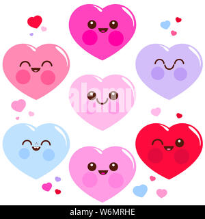 Fröhliches süßes Herz-Emoji-Set. Liebe Vektor-Illustration. Lustiges Set mit Herzaufklebern. Stockfoto