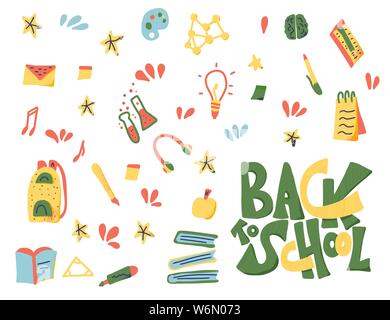Zurück zu Schule text und Elemente festlegen. Vorlage für Verkauf Karten und Förderung. Vector Illustration. Stock Vektor