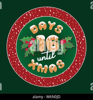 Niedliche Weihnachtskarte im Retro-Stil. Vintage Adventskalender Geschenkanhänger für Deko Teller oder Poster Design mit Typografie Text 16 Tage bis Weihnachten Stock Vektor