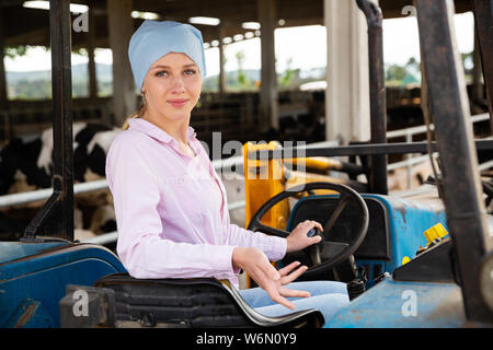 Junge Frau proffesional Bauer sitzt im Auto auf dem Bauernhof von Kuh Stockfoto