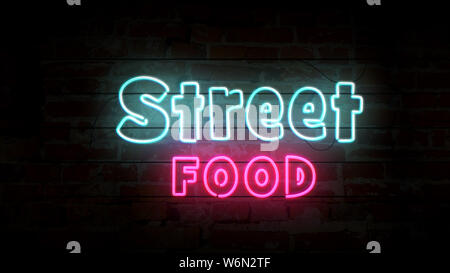 Street Food neon-Symbol auf der Mauer. Glühlampen mit Nahrungsmitteln Symbol 3D-Abbildung. Stockfoto