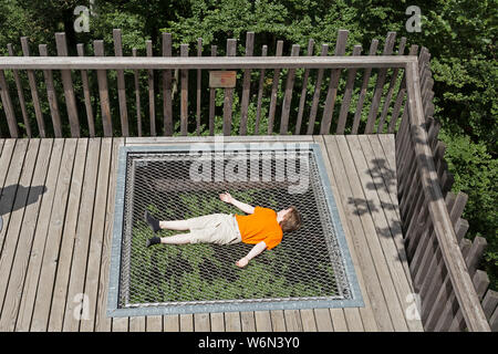 Jungen, die versuchen, eine Erfahrung von der tree top walk, Neuschönau, Nationalpark Bayerischer Wald, Bayern, Deutschland Stockfoto