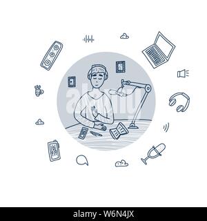Junger Mann Aufzeichnen einer Show in einem Studio. Podcaster Konzept in doodle Stil. Vector lieferbar Abbildung. Stock Vektor