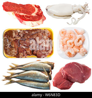 Collage aus verschiedenen rohes Fleisch, Fisch und Meeresfrüchte auf weißem Hintergrund Stockfoto