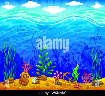 Unterwasserwelt. Meeresgrund, Pflanzen, Anker, Unterwasser Helm. Wellen und Himmel mit Wolken. Stock Vektor