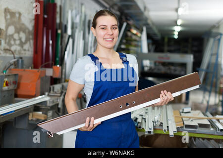 Porträt der jungen Frau Meister, arbeiten mit modernen Fenstern in der Werkstatt ist. Stockfoto