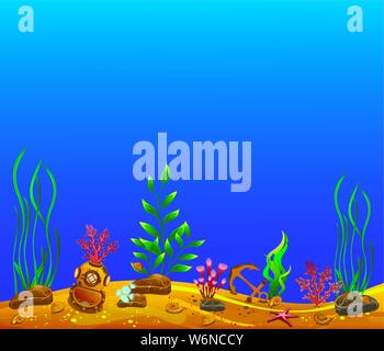Unterwasserwelt. Hintergrundbild für Text. Meeresgrund, Pflanzen, Anker, Unterwasser Helm Stock Vektor