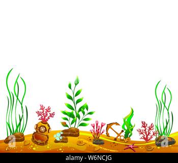 Meeresgrund, isoliert auf weißem Hintergrund Bild unten, Platz für Text oben. Unterwasserwelt. Sand, Pflanzen, Anker, Unterwasser Helm Stock Vektor