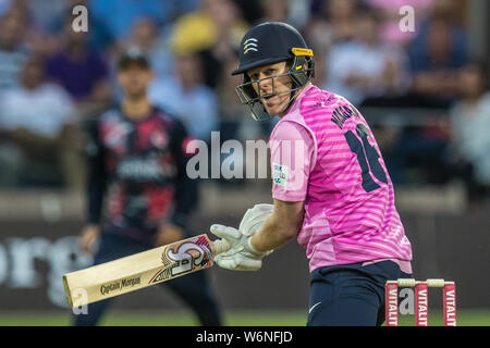 London, Großbritannien, 1. August 2019. Eoin Morgan schlagen für Middlesex gegen Kent Spitfires in der Vitalität Blast T20 Cricket Match an den Lords. David Rowe/Alamy leben Nachrichten Stockfoto