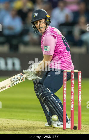 London, Großbritannien, 1. August 2019. Eoin Morgan schlagen für Middlesex gegen Kent Spitfires in der Vitalität Blast T20 Cricket Match an den Lords. David Rowe/Alamy leben Nachrichten Stockfoto