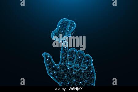 Schmetterling auf Mans finger Low-poly-Design, Motte, die abstrakten geometrischen Bild, Mensch und Insekt Drahtmodell mesh polygonalen Vector Illustration aus Punkt Stock Vektor