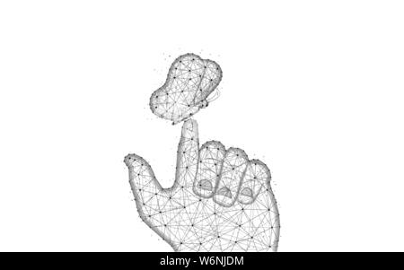 Schmetterling auf Mans finger Low-poly-Design, Motte, die abstrakten geometrischen Bild, Mensch und Insekt Drahtmodell mesh polygonalen Vector Illustration aus Punkt Stock Vektor