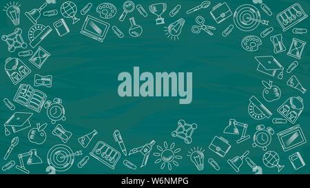 Grüne Brett mit handgezeichneten Kreide Schulbedarf. Stock Vektor