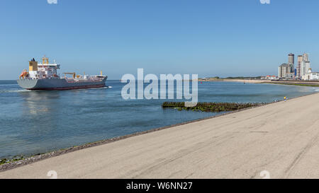 Niederländische waterside Vlissingen mit Cargo Schiff in der Nähe der Küste Stockfoto