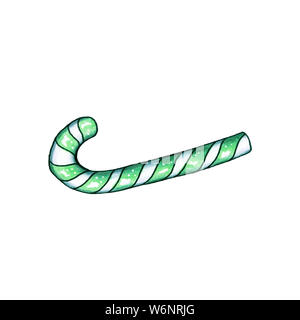 Weihnachten oder Neujahr green Candy Cane isoliert Abbildung. Freehand Süßigkeiten essen Dekor für Winterurlaub auf weißem Hintergrund Stockfoto