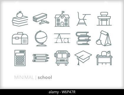 Satz von 15 Schule Zeile für Symbole der Elemente für die Bildung der Kinder und der Klasse Stock Vektor