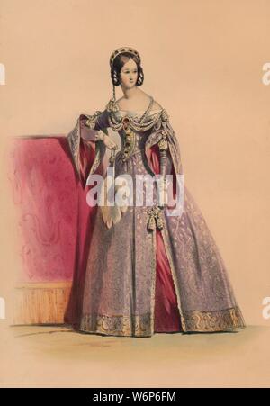 Gast in Kostüm für die Queen Victoria Bal Costum&#xe9;, 12. Mai 1842, (1843). Frau in einem Kleid mit Schlitz Ärmel, eine Tiara mieder und Kopfschmuck, Holding ein Strauß - federfächer. Mitglieder des königlichen Haushalts wurden erwartet, Kleid der Plantagenet Zeitraum zu tragen (c) 1154-1485, obwohl andere Gäste tragen könnte Kostüme Ihrer eigenen Wahl. Die Kostüme wurden unter der Aufsicht von James Robinson Planch entworfen &#xe9; und wurden speziell für die Arbeiten an die rückläufige Spitalfields Seidenindustrie zu geben. Der Ball von 1842, im Buckingham Palace in London stattfand, war die erste von drei Kostüm bal Stockfoto