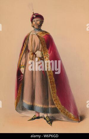 Gast in Kostüm für die Queen Victoria Bal Costum&#xe9;, 12. Mai 1842, (1843). Mitglieder des königlichen Haushalts wurden erwartet, Kleid der Plantagenet Zeitraum zu tragen (c) 1154-1485, obwohl andere Gäste tragen könnte Kostüme Ihrer eigenen Wahl. Die Kostüme wurden unter der Aufsicht von James Robinson Planch entworfen &#xe9; und wurden speziell für die Arbeiten an die rückläufige Spitalfields Seidenindustrie zu geben. Der Ball von 1842, im Buckingham Palace in London stattfand, war die erste von drei Kostüm Kugeln von Queen Victoria und Albert, Prinzgemahl statt. Die zweite, die am 6. Juni 1845, wurde Anfang Georgi Stockfoto