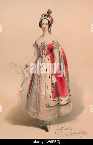 Gast in Kostüm für die Queen Victoria Bal Costum&#xe9;, 12. Mai 1842, (1843). Frau, möglicherweise Charlotte de Brunnon, Hermelin - getrimmte Outfit mit passendem Kopfschmuck. Mitglieder des königlichen Haushalts wurden erwartet, Kleid der Plantagenet Zeitraum zu tragen (c) 1154-1485, obwohl andere Gäste tragen könnte Kostüme Ihrer eigenen Wahl. Die Kostüme wurden unter der Aufsicht von James Robinson Planch entworfen &#xe9; und wurden speziell für die Arbeiten an die rückläufige Spitalfields Seidenindustrie zu geben. Der Ball von 1842, im Buckingham Palace in London stattfand, war die erste von drei Kostüm Bälle gehalten von Stockfoto