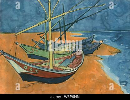 Sailing Boote am Strand von Les Saintes-Maries', Juni 1888, (1947). Malerei, auch als 'Fischerboote am Strand von Saintes-Maries-de-la-Mer', in der Eremitage, St. Petersburg, Russland bekannt. Von "Vincent Van Gogh", von Ludwig Goldscheider und Wilhelm Uhde. [Phaidon Press Ltd, Oxford und London, 1947] Stockfoto