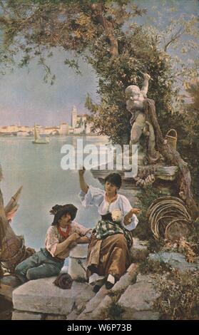 "Cupid's Spell", 1885, (c 1930). Junger Mann und Frau unter eine Statue von Amor sitzt, Gott der Liebe, der mit Fischernetze drapiert ist. Die Frau dreht oder Wicklung thread, und ihre Spindel Tänze in der Luft wie ihre Verehrer Uhren. Die Einstellung ist möglicherweise Italien. Malerei in der Tate Gallery, London. Von "Moderne Meisterwerke der britischen Kunst". [Die Amalgamated Press Ltd., London, c 1930] Stockfoto