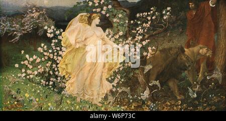 "Venus und Anchises', c 1889-1890, (c 1930). Abbildung: Auf die "Epipsychidion", ein Gedicht von Percy Bysshe Shelley, der Darstellung der illegalen Tagung der Venus, der Göttin der Liebe, und ihre irdischen Liebhaber, der Hirte Anchises. Die Strafe für die Sterblichen für das Betrachten eines Gottes oder einer Göttin wurde zu Stein verwandelt werden. Als Venus Wanderungen, von Löwen und einen Flug der Tauben begleitet, sie dreht sich Blätter im Herbst in den Frühling Blumen und Apple Blossom, und die Nacht zum Tag. Malerei in der Walker Art Gallery, Liverpool. Von "Moderne Meisterwerke der britischen Kunst". [Die Amalgamated Press Ltd., London, c 1930] Stockfoto