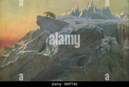 "Jenseits des Menschen Spuren', c 1894, c 1930). Ein Eisbär beobachtet den Sonnenuntergang in der eisigen Wildnis der Arktis. Der Künstler nicht die Region besuchen: Er zeichnete eine captive Bär im Zoo von London, und war von dramatischen geschrieben Konten der Arktisforscher inspiriert. Malerei in der Tate Gallery, London. Von "Moderne Meisterwerke der britischen Kunst". [Die Amalgamated Press Ltd., London, c 1930] Stockfoto