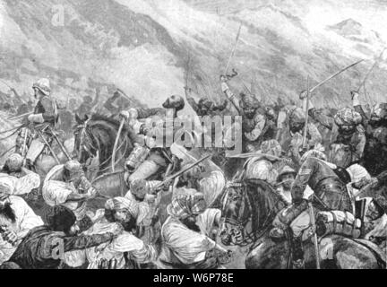 "Die afghanische Krieg, 1879: Der Tod des Großen Wigram Battye in der Schlacht von Futtehabad, 2. April', (1901). Britischer Soldat großen wigram Battye (1842-1879) des Punjab Grenze tritt in die Brust und Oberschenkel geschossen wurde während des Ladevorgangs Kugiani Stammesangehörigen im Dorf in der Nähe von Khuja Futtehabad (oder furna) in Afghanistan. Seine geordnete berichtete später: "Ich zu Wigram, "Sie verwundet sind aufgerufen; Sie hatten bessere stoppen." Wigram sagte: "Schweigen", aufgeladen, und tötete vier Männer, bevor er getötet wurde". Von "The Illustrated London News Record der glorreichen Herrschaft der Königin Victoria 1574: Stockfoto