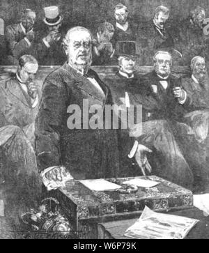 Der ir-William Harcourt Bekanntgabe der Rücktritt von Lord Rosebery Regierung, Juni 24, 1895, (1901). Der britischen Liberalen Staatsmann William Vernon Harcourt (1827-1904) eine Ankündigung im Unterhaus in London. Die liberale Regierung von Archibald Primel, 5th Earl of Rosebery, wurde von der konservativen Robert Gascoyne-Cecil gelungen, 3 Marquis von Salisbury. Harcourt trat das Parlament als liberale Abgeordnete für Oxford 1868. Er diente in Gladstone's Regierungen als Innenminister (1880-1885) und als Schatzkanzler (1886, 1892-1895). Er war Führer der Libe Stockfoto