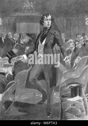 "Israelische erste Rede im Unterhaus, London, 7. Dezember 1837, (1901). Die britischen Konservativen Staatsmann Benjamin Disraeli (1804-1881) war Tory Wartungstafel für Maidstone im Jahre 1837 gewählt. Er ging auf Einer der führenden britischen Staatsmänner der viktorianischen Ära, als Premierminister in 1868 und von 1874-1880. Von "The Illustrated London News Record der glorreichen Herrschaft der Königin Victoria 1574: das Leben und den Beitritt von König Edward VII. und das Leben der Königin Alexandra". [London, 1901] Stockfoto