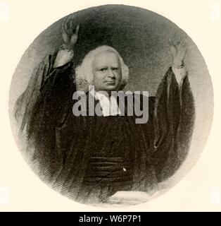 "Portrait von Pfr. George Whitefield, die Robe und Perücke in New England", 1937 getragen. George Whitefield (1714-1770), englischer anglikanischer Kleriker und Evangelist, einer der Gründer des Methodismus. Von "Geschichte der amerikanischen Kostüm - Buchen Sie eine 1607-1800", von Elisabeth McClellan. [Tudor Publishing Company, New York, 1937] Stockfoto