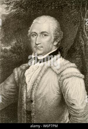 "Allgemeine Daniel Morgan in einem hirschleder Mantel der Virginia Rangers', c 1780, (1937). Daniel Morgan (1736-1802) amerikanischer Pionier, Soldat und Politiker aus Virginia. Taktiker der amerikanischen revolutionären Krieg, mit dem Whiskey Rebellion assoziiert. Von "Geschichte der amerikanischen Kostüm - Buchen Sie eine 1607-1800", von Elisabeth McClellan. [Tudor Publishing Company, New York, 1937] Stockfoto