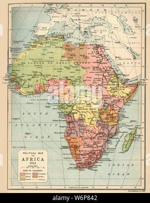 "Politische Karte von Afrika, 1914", (1920). Koloniale Besitzungen in Afrika zu Beginn des Ersten Weltkriegs. Britische Kolonien sind rosa, Französisch, Deutsch, Portugiesisch - orange-violett, Italienisch-braun. Von "Die Große Welt Krieg - eine Geschichte" Band I, herausgegeben von Frank eine Mumby. [Das Gresham Publishing Company Ltd., London, c 1920] Stockfoto