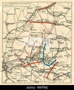 "Die zweite Phase der Großen Rückzug: Plan, der die Britischen Positionen vom 28. August bis 6. September 1914", 1920. "Die Karte zeigt auch die Positionen der Alliierten und der Deutschen Armee unter General von kluck zu Beginn der Schlacht an der Marne. Karte von Frankreich, die Frontlinien während des Ersten Weltkrieges. Von "Die Große Welt Krieg - eine Geschichte" Band I, herausgegeben von Frank eine Mumby. [Das Gresham Publishing Company Ltd., London, c 1920] Stockfoto