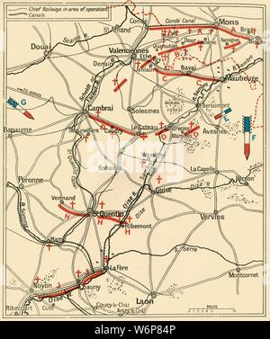 "Die erste Phase der Großen Rückzug: Plan, der die Britischen Positionen von August 23 bis August 28, 1914', (c 1920). Karte von Frankreich und Belgien, die Frontlinien während des Ersten Weltkrieges. Von "Die Große Welt Krieg - eine Geschichte" Band I, herausgegeben von Frank eine Mumby. [Das Gresham Publishing Company Ltd., London, c 1920] Stockfoto