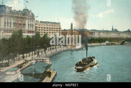 Die Victoria Embankment und Dampfschiff auf der Themse, London, c 1907. Der Damm wurde durch den Ingenieur Joseph Bazalgette entwickelt seine neue Kanalisation und eine Durchgangsstraße entlang der Themse zur Verfügung zu stellen. In der Mitte ist Cleopatra's Needle, eine alte Ägyptische Obelisk aus c 1500 BC, transportiert von Ägypten nach London im Jahr 1878. Postkarte. Stockfoto