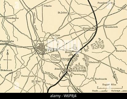 Deutsche Positionen in der Nähe von Ypern, Flandern, Erster Weltkrieg, 1915, (c 1920). 'Map in der Umgebung von Ieper, zeigen etwa die Deutschen nach der Schlacht von St. Eloi und Hill 60". Von "Die Große Welt Krieg - eine Geschichte" Band III, herausgegeben von Frank eine Mumby. [Das Gresham Publishing Company Ltd., London, c 1920] Stockfoto