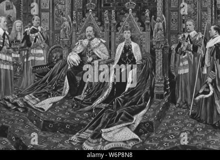 "King Edward VII. Und Königin Alexandra bei der Eröffnung seiner Majestät ersten Parlament, 14. Februar 1901'. Edward VII (1841-1910) und Königin Alexandra (1844-1925) in den zeremoniellen Hermelin, den Vorsitz über die Öffnung des Parlaments im Palast von Westminster, London. Von "The Illustrated London News Record der glorreichen Herrschaft der Königin Victoria 1574: das Leben und den Beitritt von König Edward VII. und das Leben der Königin Alexandra". [London, 1901] Stockfoto