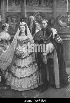 "Die Hochzeit des Prinzen von Wales mit Prinzessin Alexandra von Dänemark in der St. George's Chapel, Windsor, 10. März 1863", (1901). Prince Albert Edward (1841-1910), der spätere König Edward VII., heiratete Prinzessin Alexandra von Dänemark (1844-1925, zukünftige Königin Alexandra) in der St. George's Chapel in Windsor Castle, Berkshire. Von "The Illustrated London News Record der glorreichen Herrschaft der Königin Victoria 1574: das Leben und den Beitritt von König Edward VII. und das Leben der Königin Alexandra". [London, 1901] Stockfoto