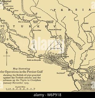 Britische Ölpipeline im Nahen Osten, der Erste Weltkrieg, 1915, (c 1920). 'Map zur Veranschaulichung der im Persischen Golf und zeigt die britische Ölleitung gegen die türkischen Angriffe und den Vorschuss, den Tigris auf Ctesiphon, Januar-November 1915' bewacht. Oben links ist die alte Stadt von Ktesiphon, wo die Osmanen besiegten Britische Truppen versuchen, Bagdad zu erfassen. Die Flüsse Euphrat und Tigris in Basra und leer in den Persischen Golf rechts unten, mit der Pipeline kommt von der rechten Seite. Von "Die Große Welt Krieg - eine Geschichte", Band IV, herausgegeben von Frank eine Mamma Stockfoto