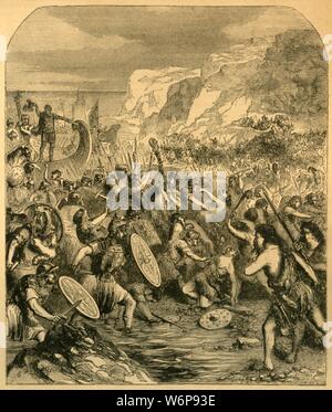 "Landung von Julius Caesar', c 1890. Julius Cäsar (100 v. Chr. - 44 v. Chr.) zuerst in Großbritannien landete auf dem 26. August, 55 v. Chr. in Pegwell Bay auf der Isle of Thanet, Kent. Von "Cassell illustrierte Geschichte von England". Stockfoto