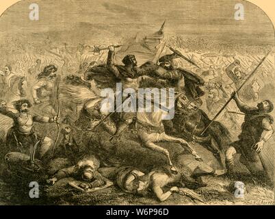 'DEfeat der Sachsen von Arthur', c 1890. König Arthur Niederlagen die Sachsen in der Schlacht von Mount Badon im späten 5. oder frühen 6. Jahrhundert. Von "Cassell illustrierte Geschichte von England". Stockfoto